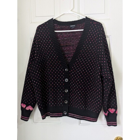 torrid Sweaters - Torrid V Neck Cardigan Sweater Womens 2X Black Pink Heart Button Down Tight Knit